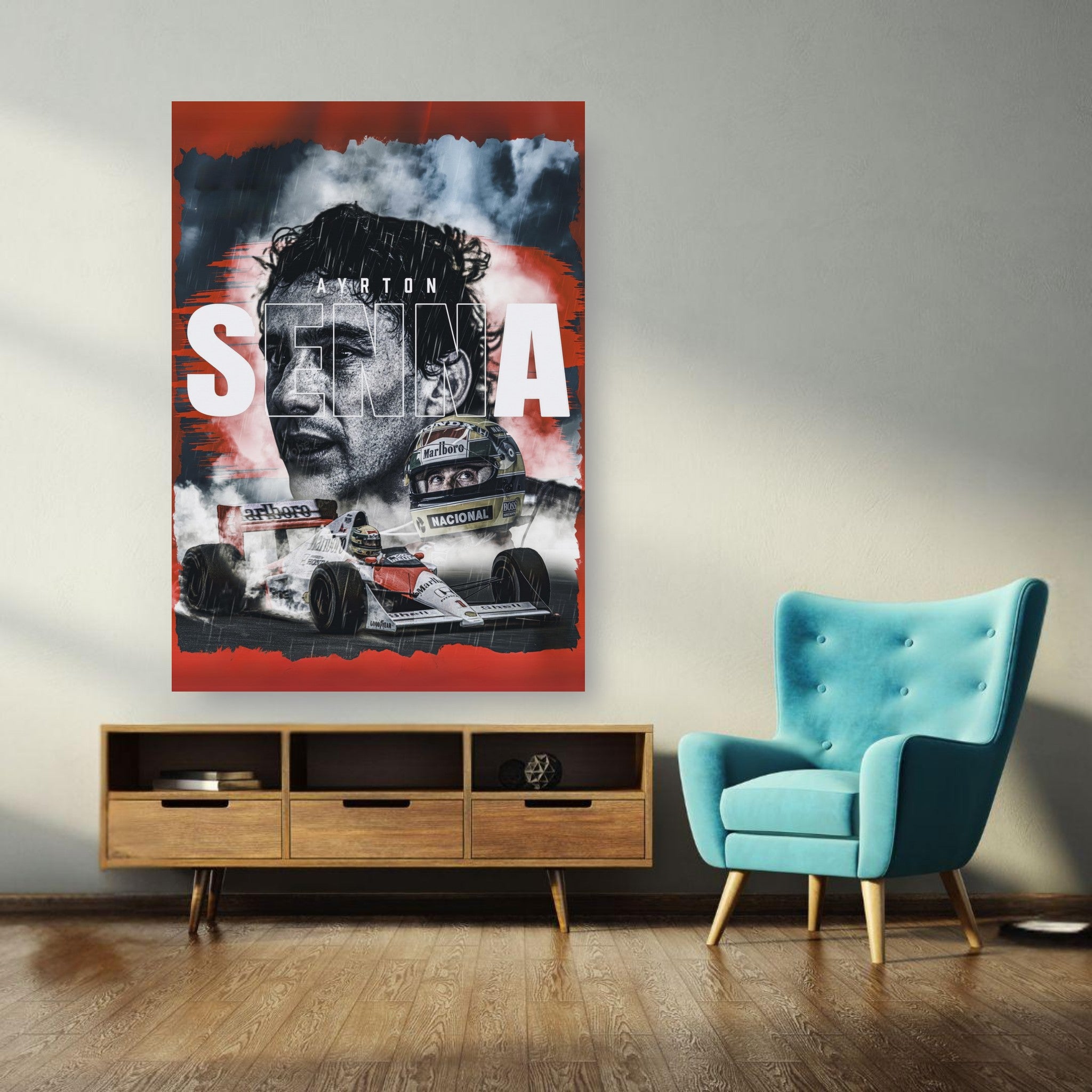 Ayrton Senna F1 metal print displayed in a modern living room, showcasing vibrant colors and dynamic imagery.