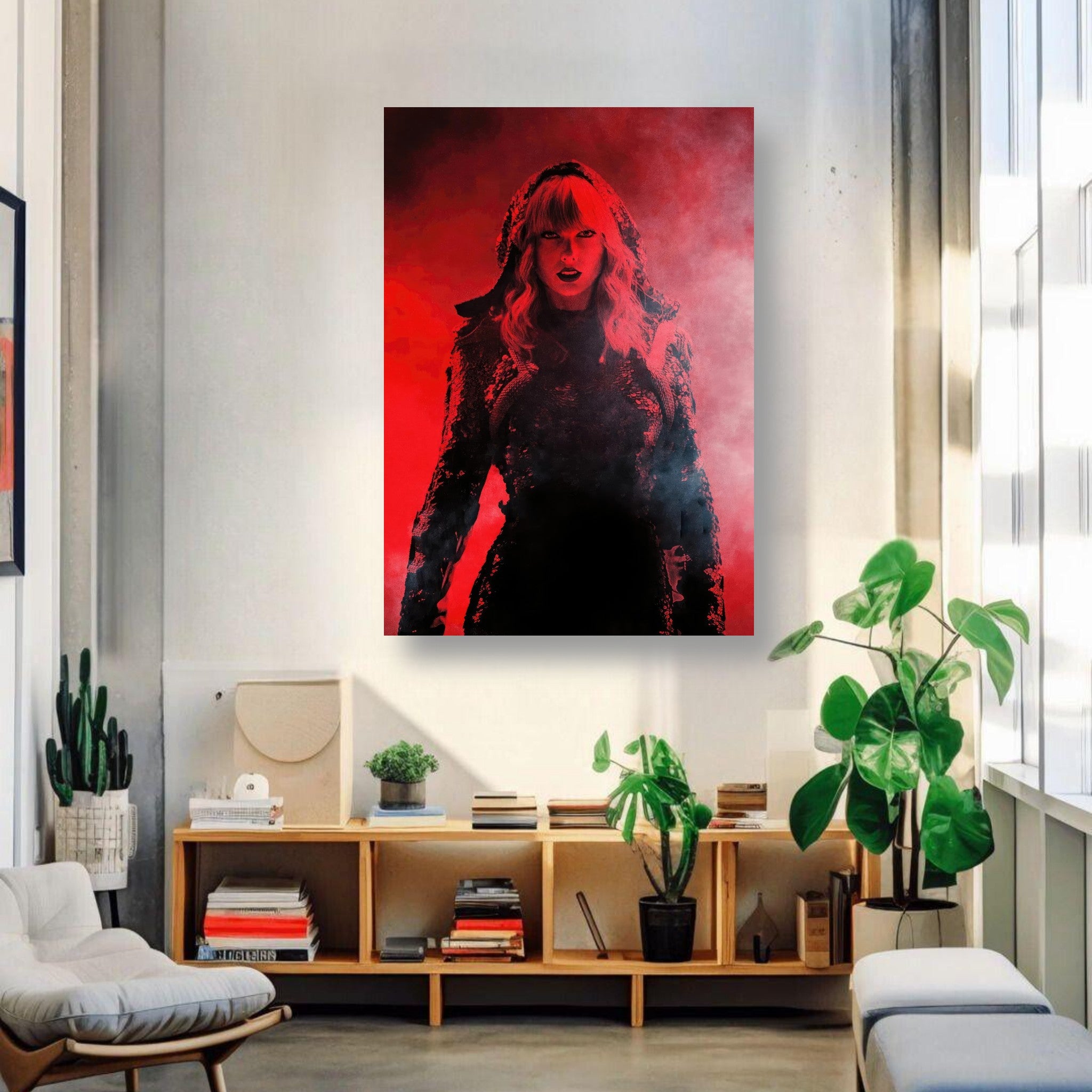 Taylor Swift Red metal poster showcased in a modern living room with bold red tones and striking design.