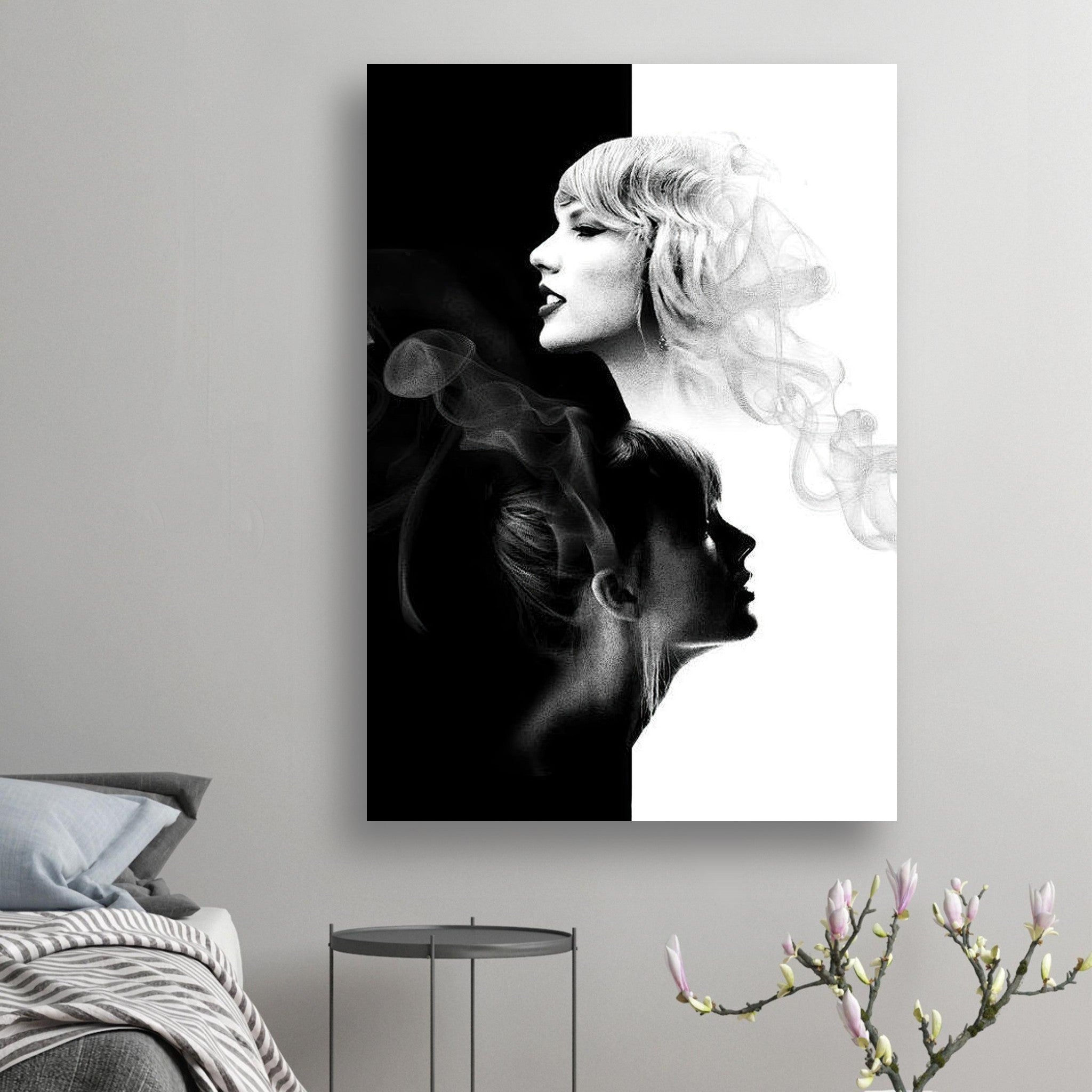 Taylor Swift black and white poster showcasing her elegant silhouette and smoky accents, perfect for home decor.