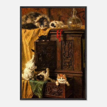 Vintage cat painting depicting playful kittens exploring a wooden cabinet, framed art print for home decor.