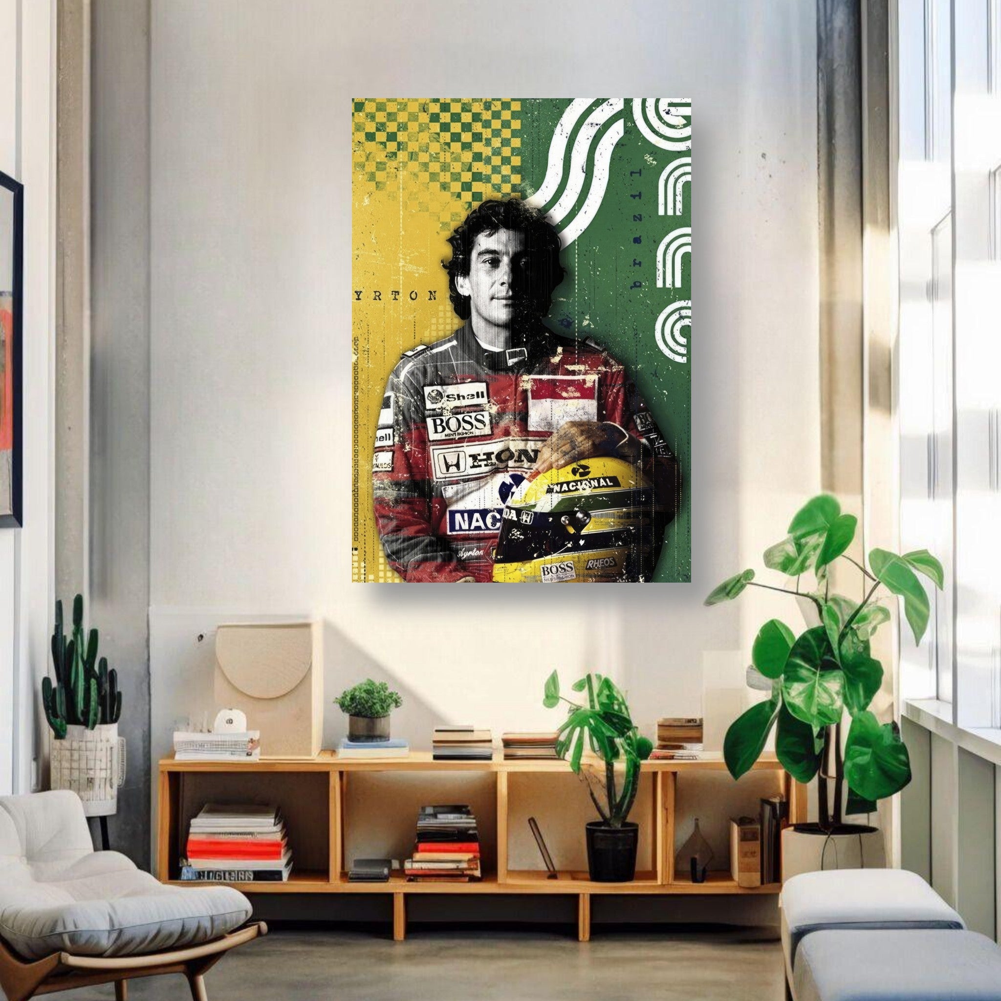 Ayrton Senna F1 legend metal poster showcasing vibrant colors and a tribute to the racing icon in a modern setting.