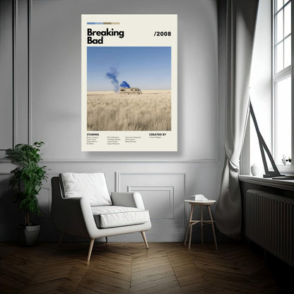 Breaking Bad metal poster featuring iconic RV in a desert landscape with blue smoke, minimalist home decor artwork.