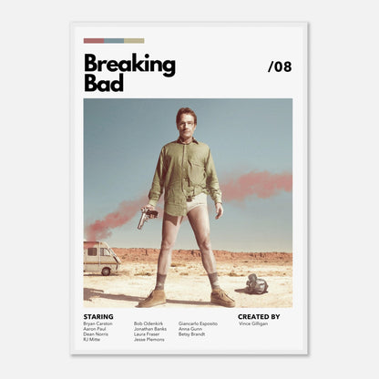 Retro Breaking Bad framed poster featuring Walter White with a gun in desert attire. Bold wall art for fans.