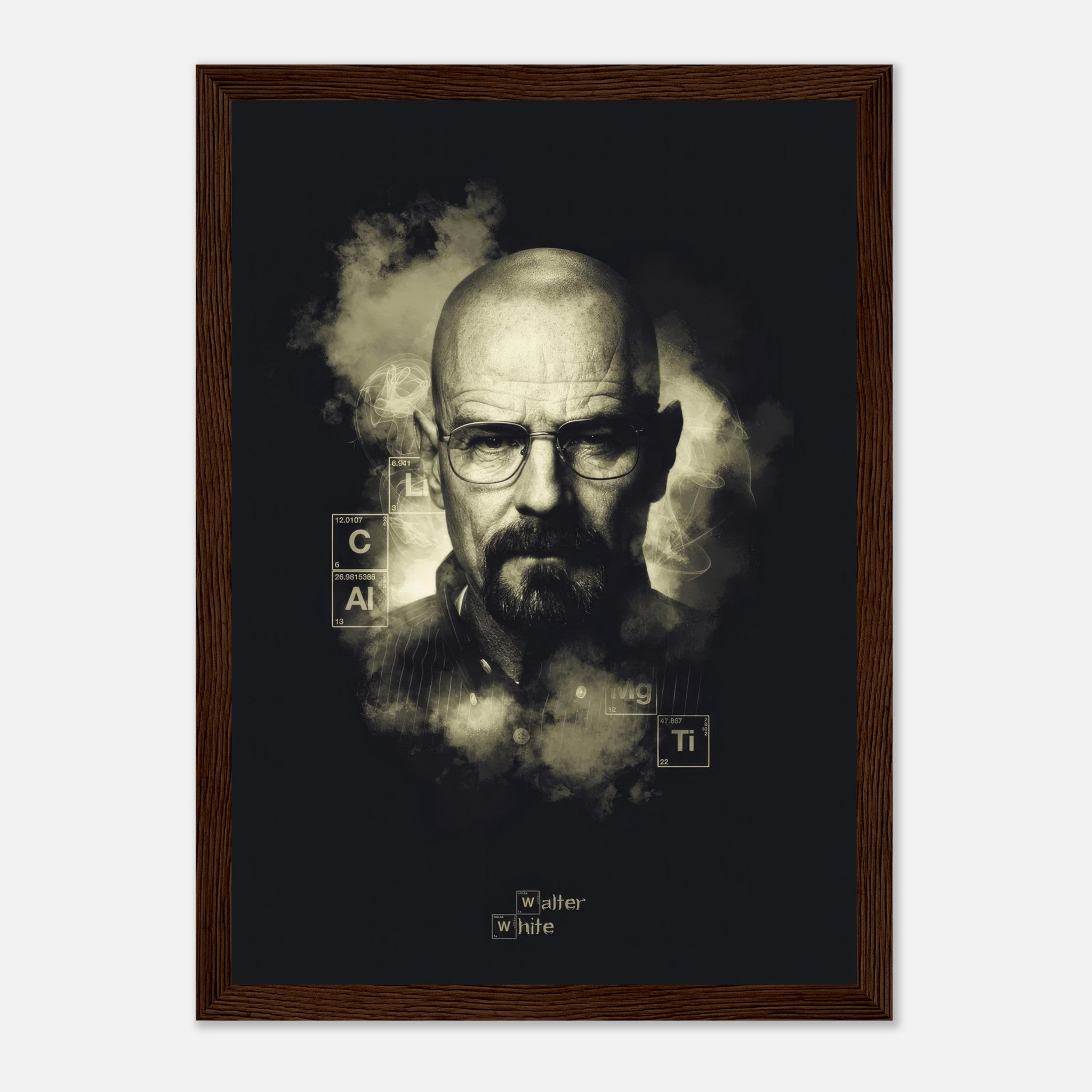 Walter White Heisenberg framed poster in black-and-white with smoky background and periodic table elements.