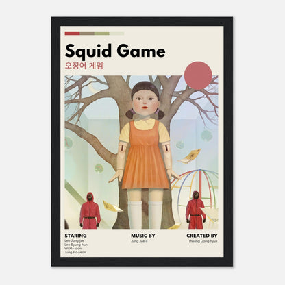 Vintage Squid Game framed poster featuring Red Light, Green Light doll in retro design, perfect for collectors and fans.