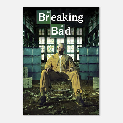 Walter White sitting in a yellow hazmat suit in a dim warehouse, capturing the essence of *Breaking Bad* poster art.