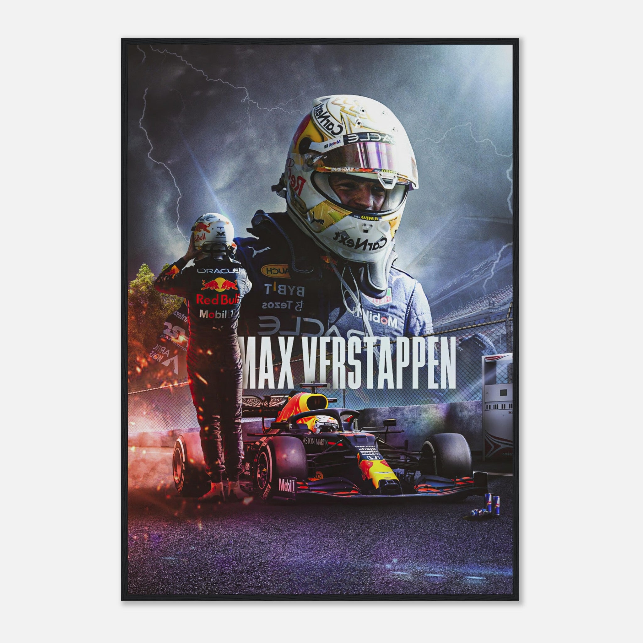 Max Verstappen Red Bull Racing framed print showcasing a dynamic Formula 1 artwork with vivid colors and intricate details.