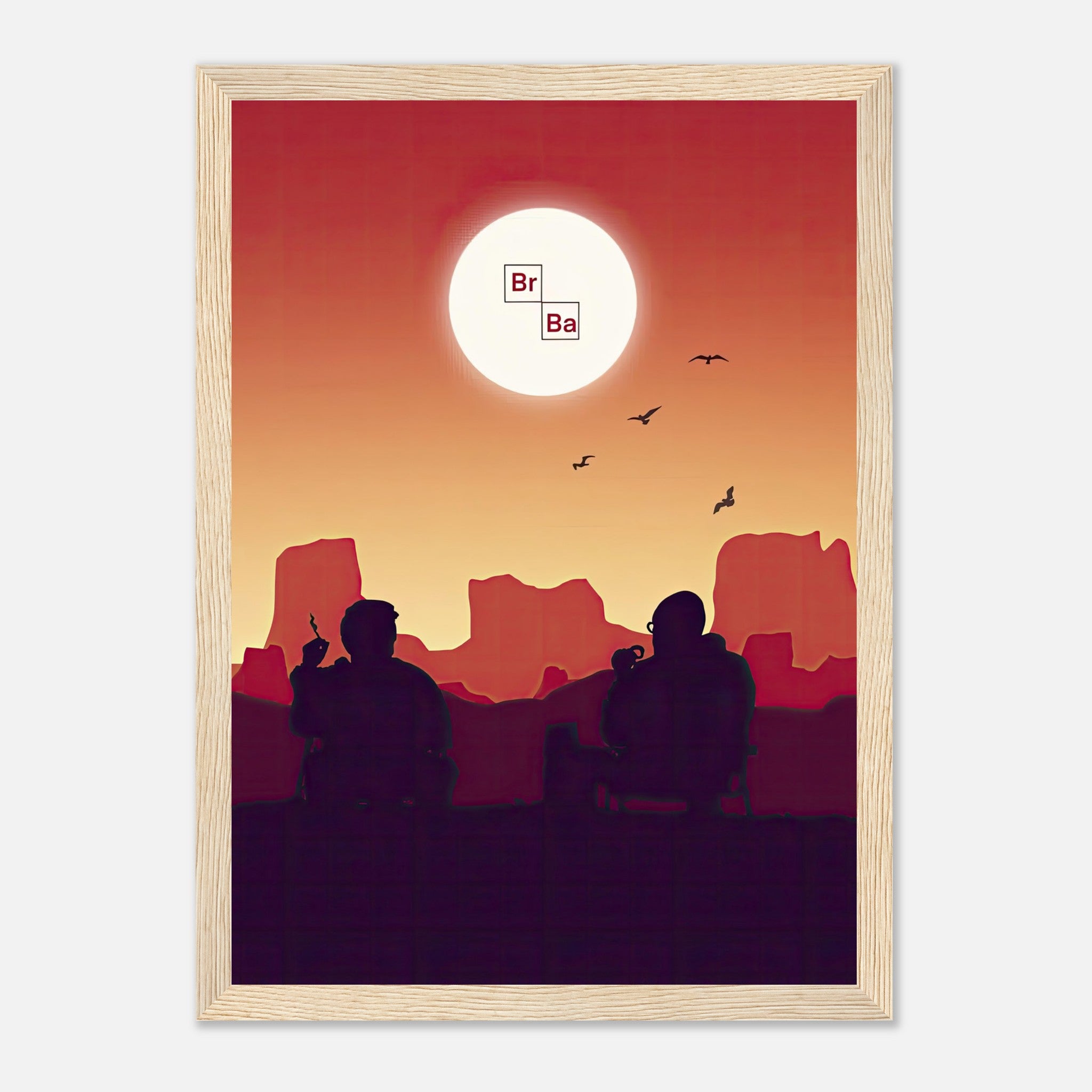 Framed sunset poster featuring iconic characters from Breaking Bad enjoying a scenic view in the desert.