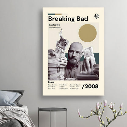 Breaking Bad poster featuring Walter White holding money, showcasing his transformation; perfect for fans of the series.