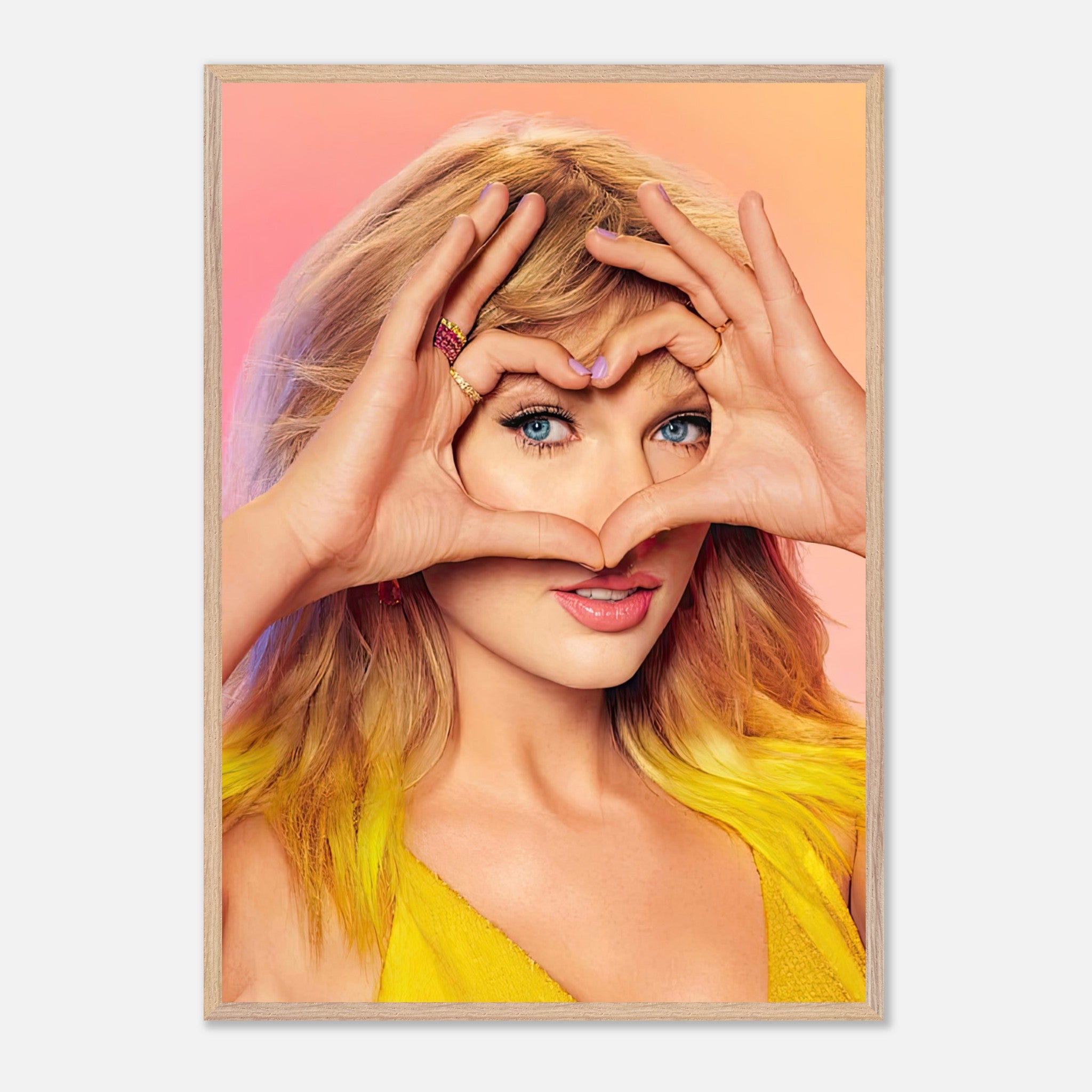 Taylor Swift vintage framed print featuring her making a heart shape with hands, showcasing vibrant colors and charm.