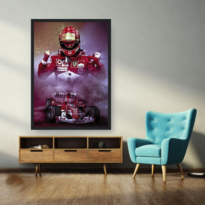 Framed print of Michael Schumacher in Ferrari F1 suit celebrating his iconic racing moments, displayed in a modern living room.