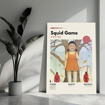 Vintage Squid Game metal poster featuring iconic doll design in muted colors, perfect for a nostalgic decor touch.