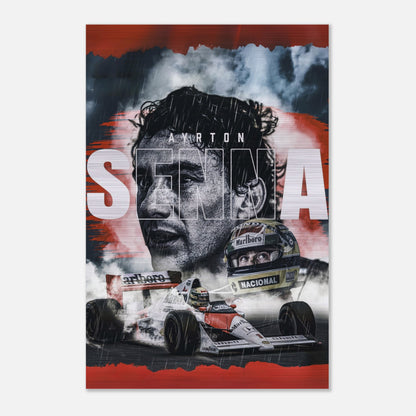 Ayrton Senna brushed metal poster featuring iconic F1 car and portrait, celebrating the legend's racing legacy.