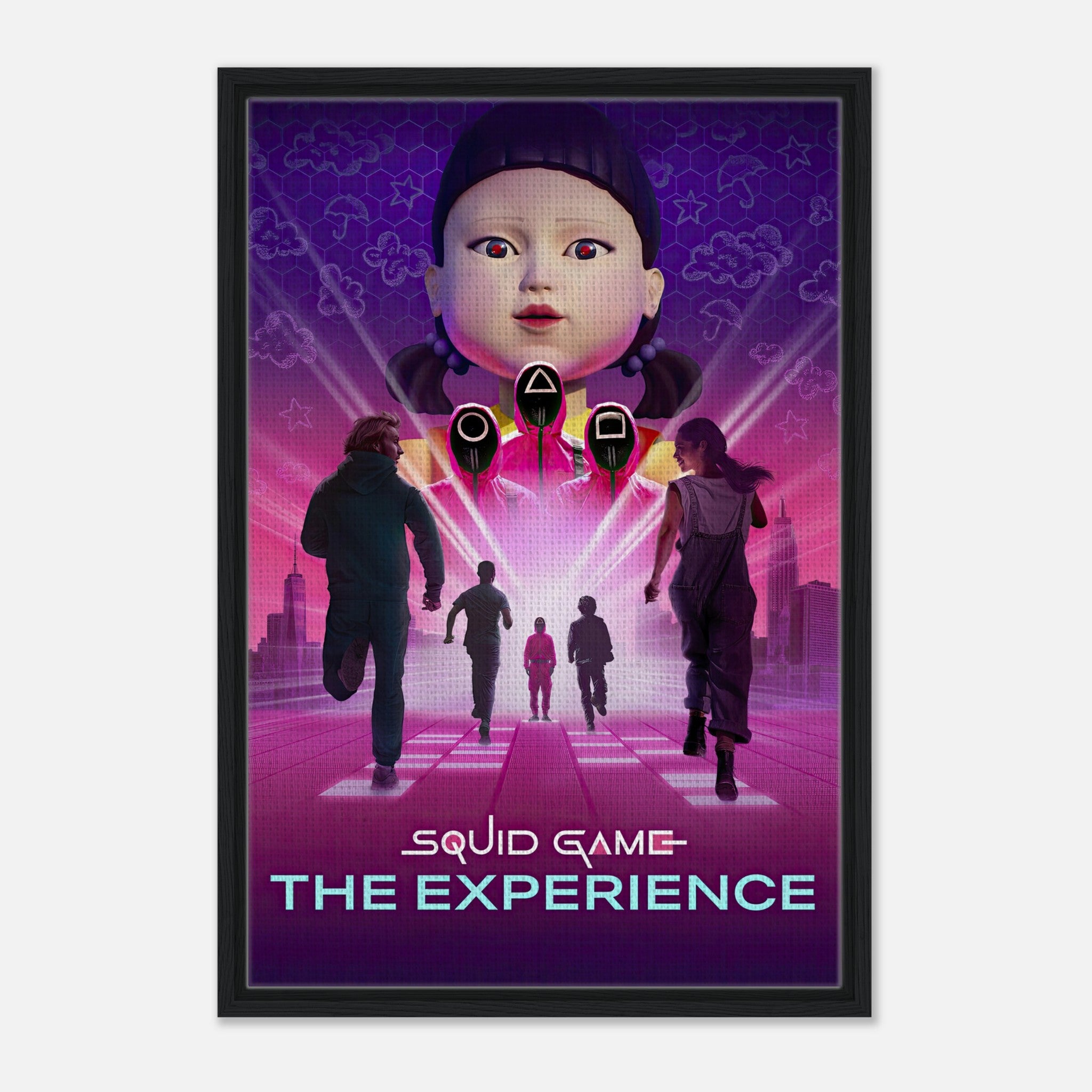 Squid Game The Experience framed print featuring iconic characters and vibrant colors from the hit series.