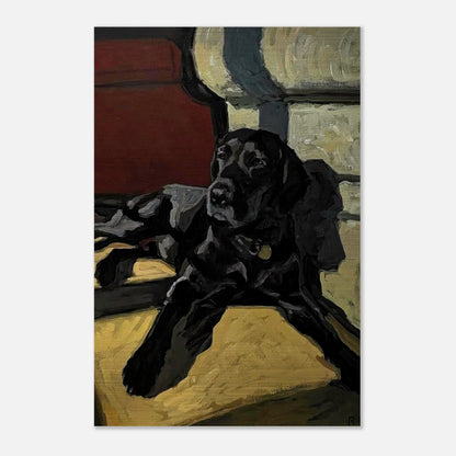 Black Labrador dog painting on brushed metal, capturing soulful gaze and relaxed posture in earthy hues.