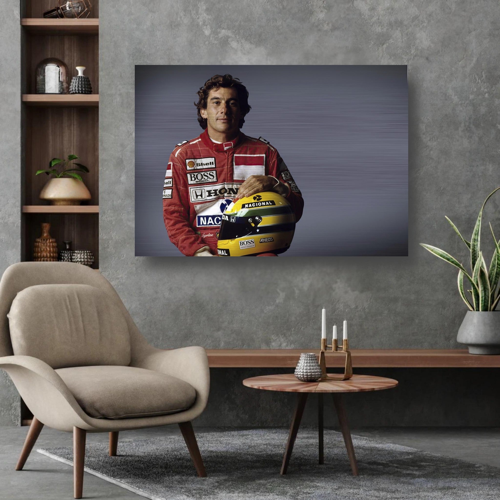 Ayrton Senna brushed metal print featuring him in a red racing suit with a helmet, displayed in a modern interior setting.