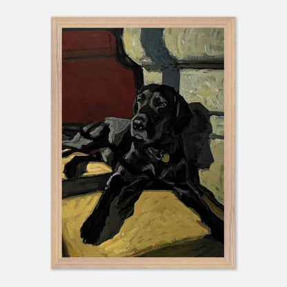 Black Labrador dog painting in vintage frame depicting a loyal dog lounging in warm light.