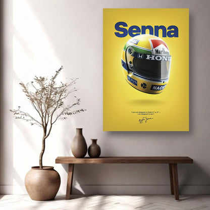 Ayrton Senna Helmet metal poster displayed on a wall with a modern decor setup, celebrating F1 racing legacy.