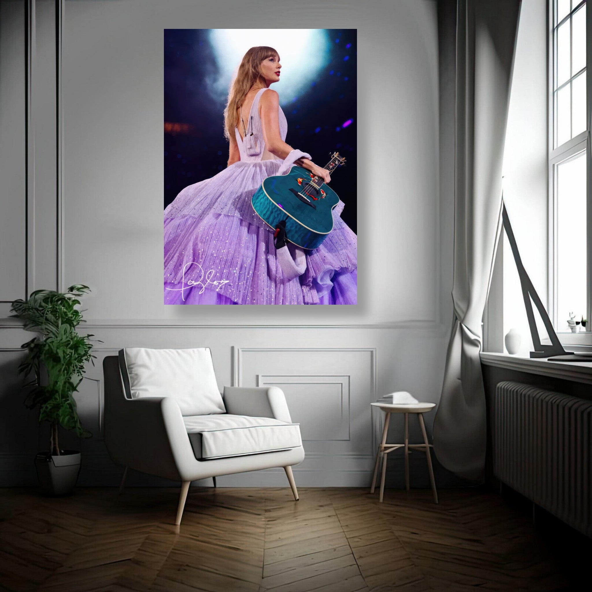 Beautiful Taylor Swift metal poster featuring her in a lavender gown with a guitar, perfect for any Swiftie’s decor.