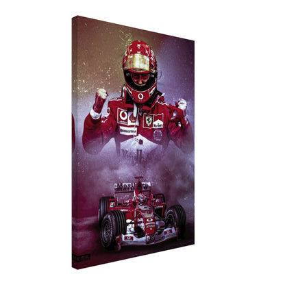 Dynamic canvas artwork of Michael Schumacher in Ferrari gear, celebrating his Formula 1 legacy and triumph.