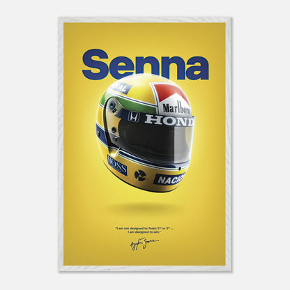 Vintage framed art of Ayrton Senna's iconic helmet on a yellow background, celebrating his motorsport legacy.