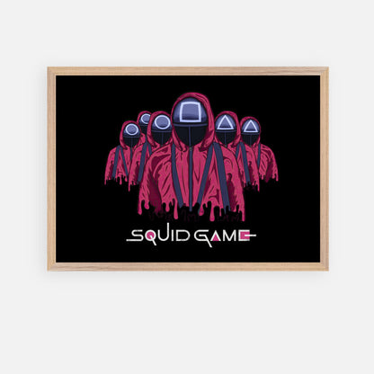 Squid Game Soldiers fine art print featuring masked guards in red uniforms and bold black background.