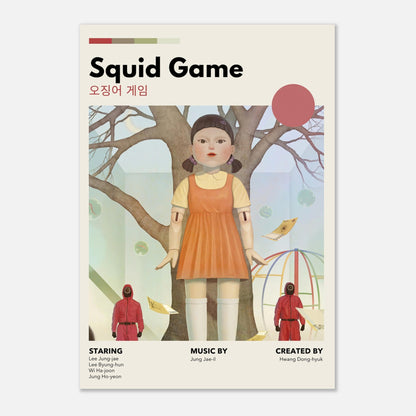 Vintage Squid Game poster featuring iconic doll in retro style, perfect for fans of the series, with muted tones and unique design.