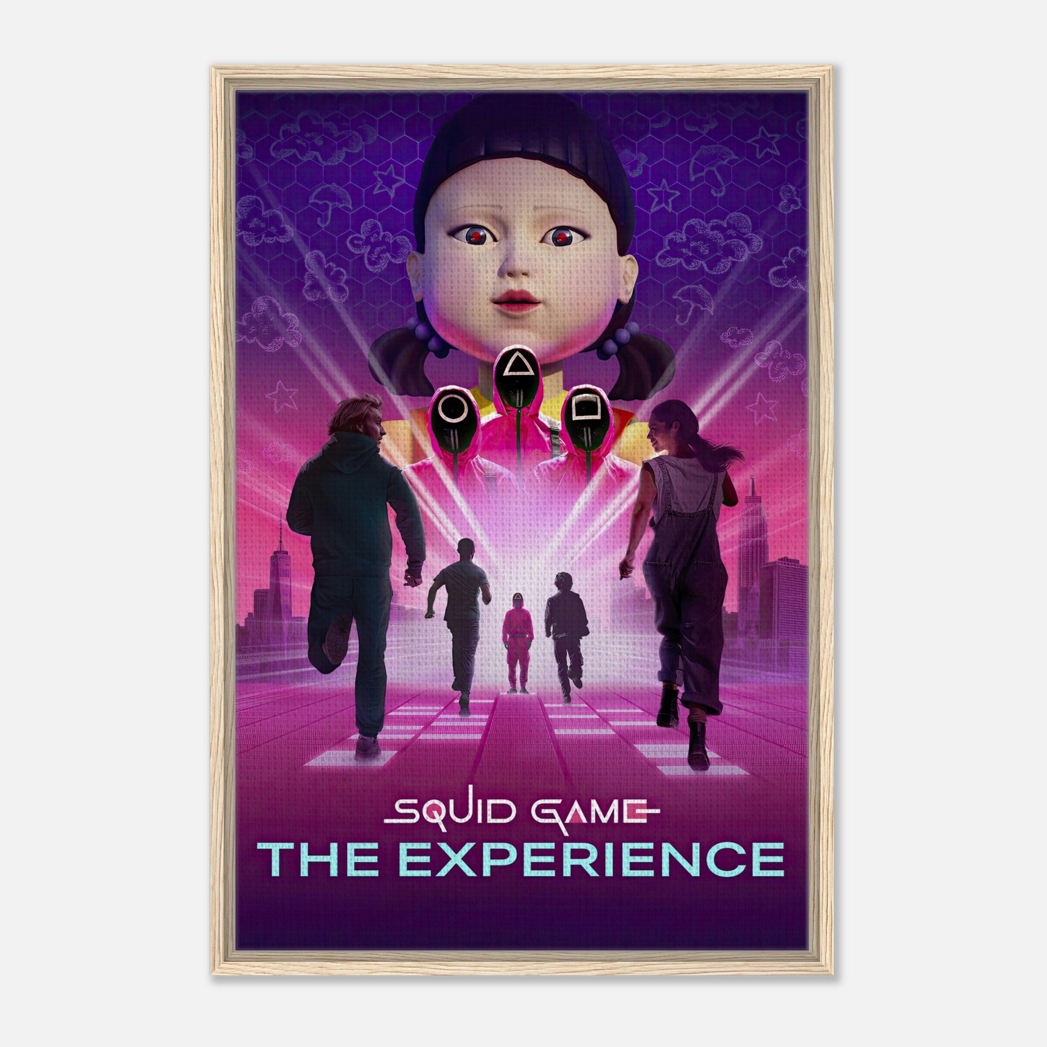 Squid Game The Experience framed artwork featuring iconic giant doll and colorful background design.