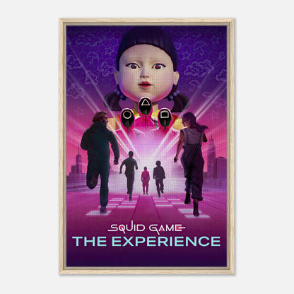 Squid Game The Experience framed artwork featuring iconic giant doll and colorful background design.