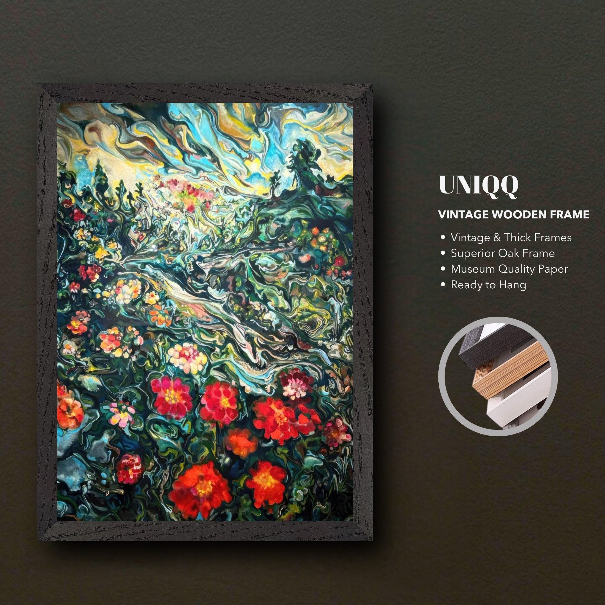 Abstract floral landscape painting in vintage wooden frame, showcasing vibrant colors and a lush meadow design.