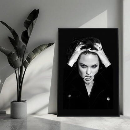 Angelina Jolie Smoking framed print in black-and-white, showcasing dramatic contrast and a bold, edgy aesthetic.