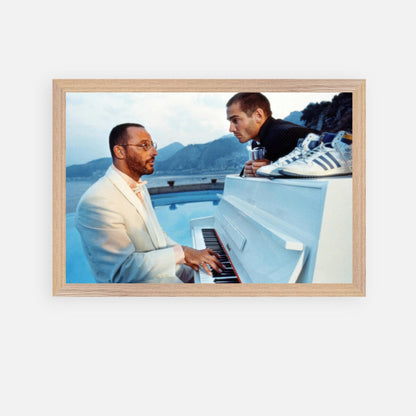 Jean Reno Piano fine art print featuring a poolside performance scene inspired by *The Big Blue*.