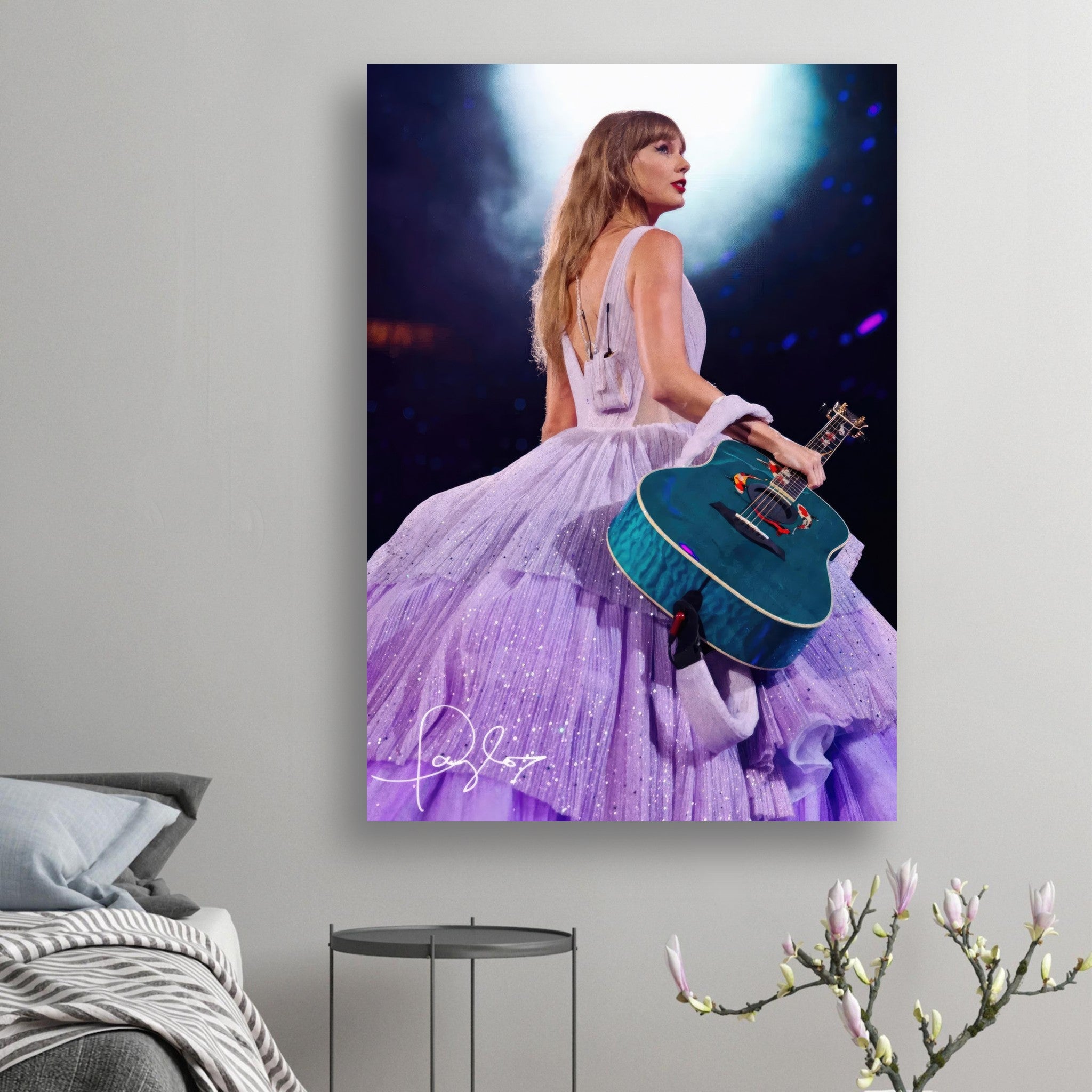 Taylor Swift Poster featuring her in a lavender gown with a teal guitar, capturing her dynamic stage presence.