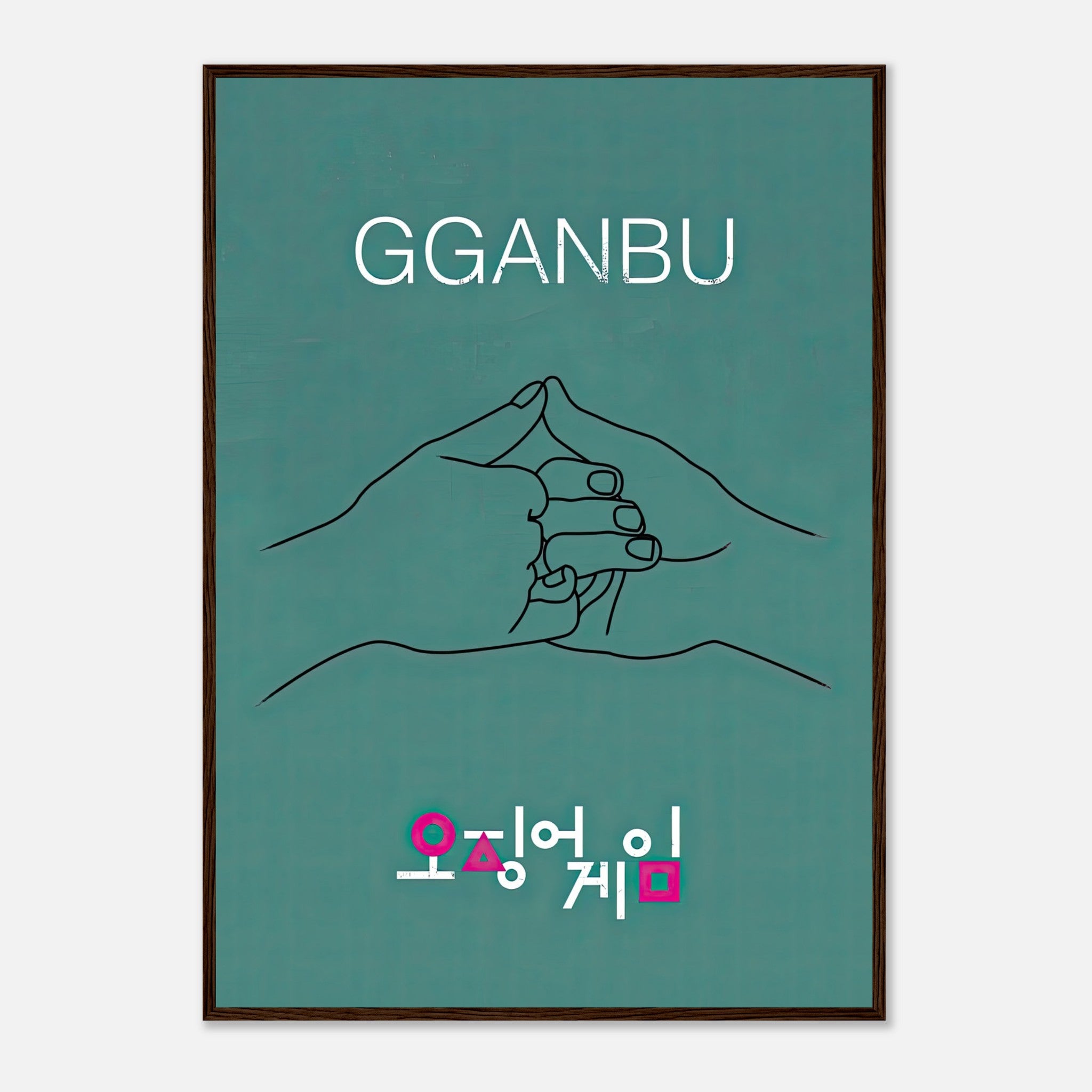 GGANBU Squid Game framed print featuring minimalist handshake design on teal background.