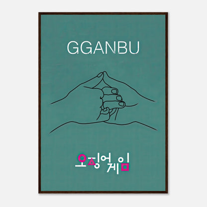 GGANBU Squid Game framed print featuring minimalist handshake design on teal background.