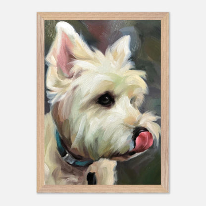 Westie dog painting, vintage framed print showcasing a playful and affectionate West Highland White Terrier.