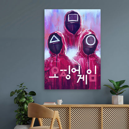 Squid Game poster featuring iconic guards in red suits and geometric masks, vibrant colors and Korean text for dramatic decor.