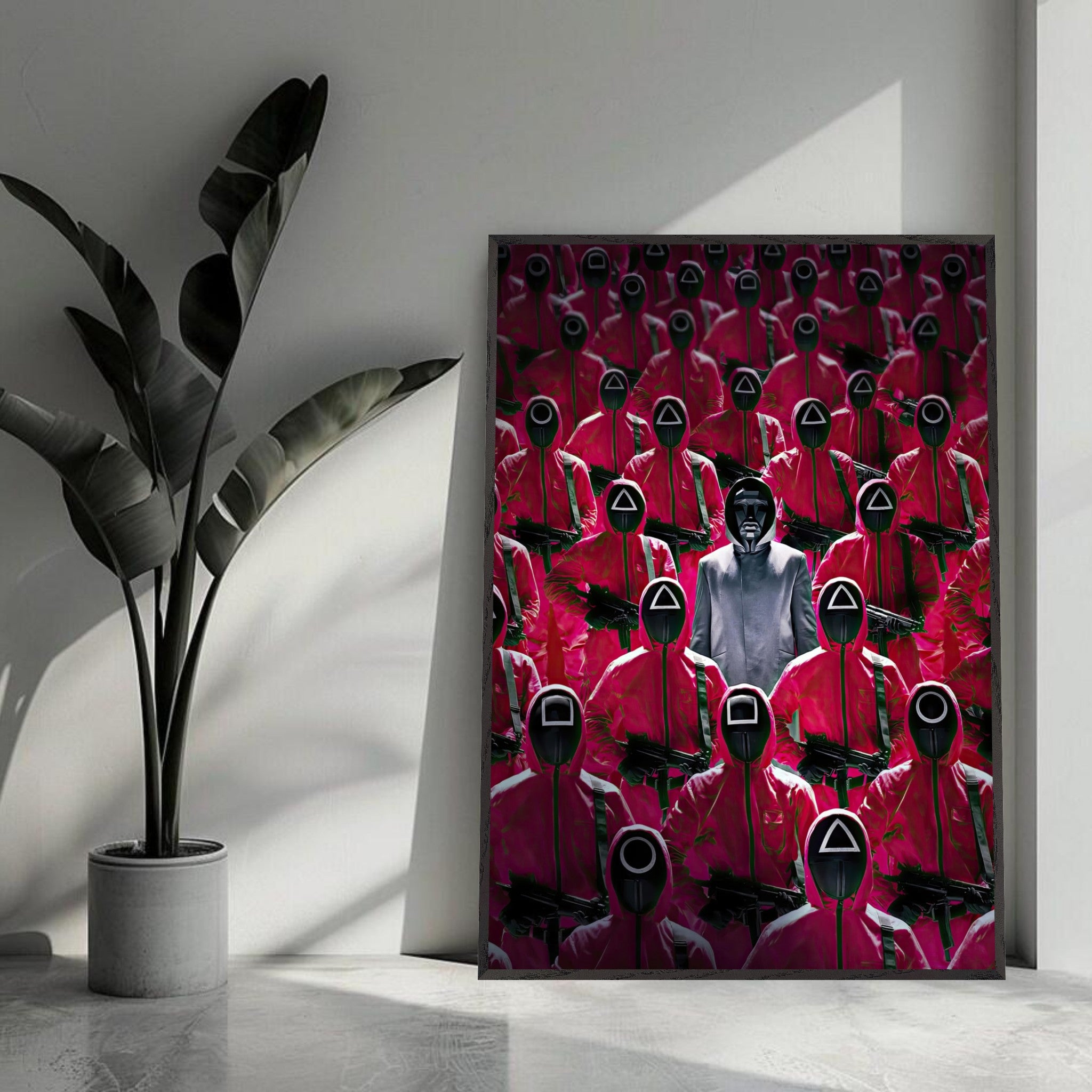 Squid Game Guards Fine Art Print featuring iconic pink uniforms and black masks in a striking interior setting.