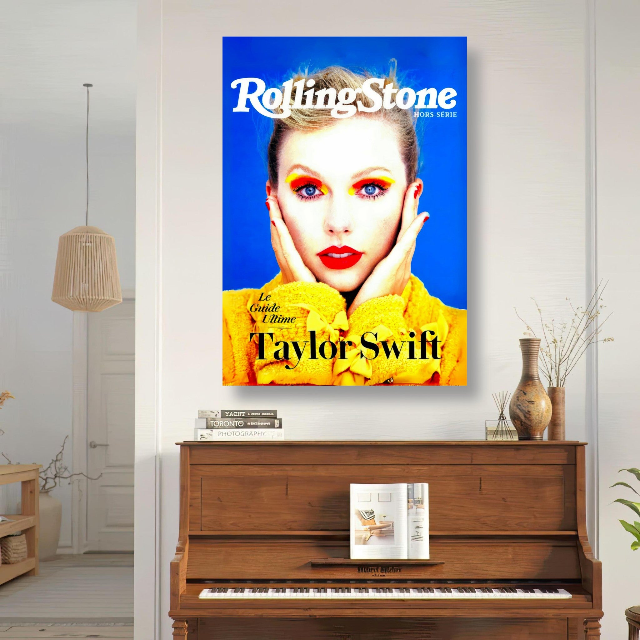 Taylor Swift Rolling Stone magazine poster with vibrant blue background and bold yellow accents, perfect for fans.