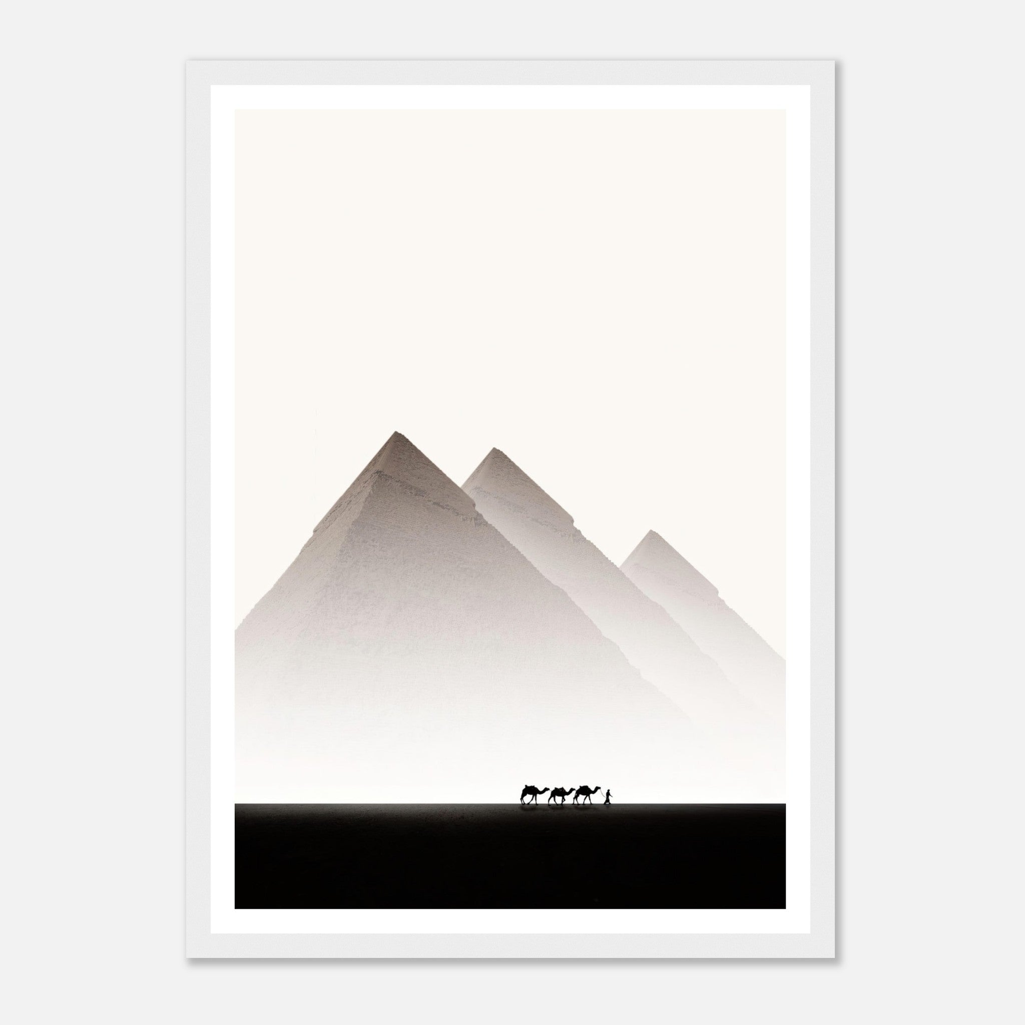 Pyramids of Giza framed print showcasing majestic ancient pyramids in a minimalist desert landscape.