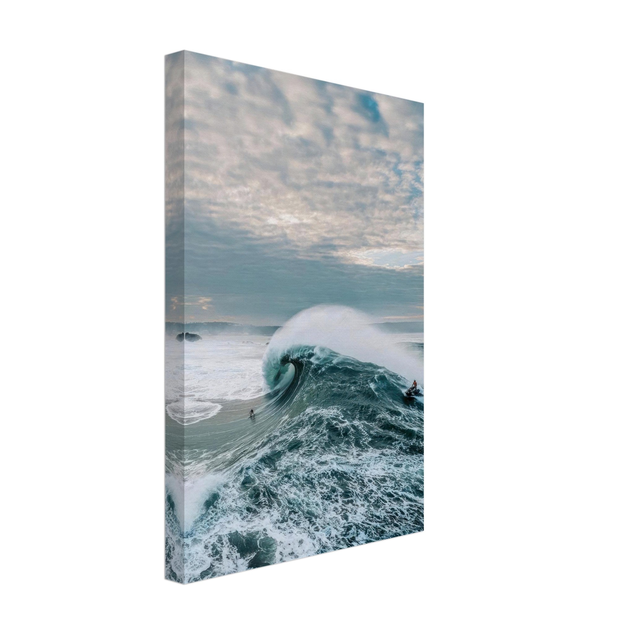 Big Wave Surfing Canvas Print featuring a surfer riding a massive wave with dramatic ocean backdrop.
