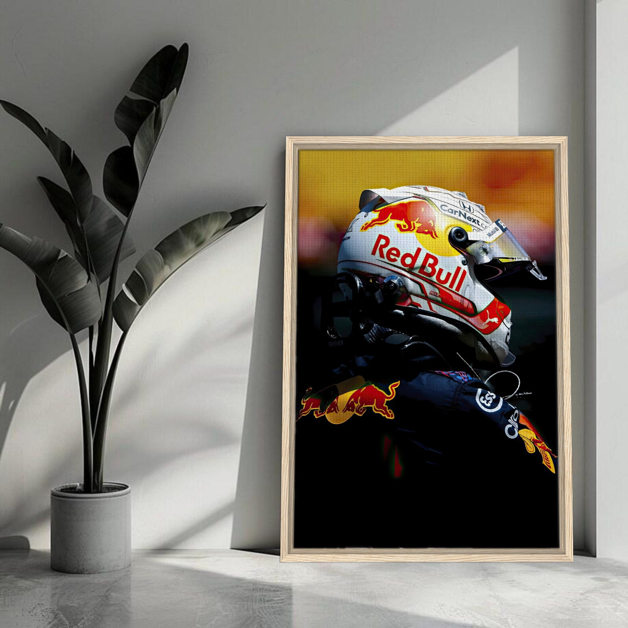 Framed canvas print of Max Verstappen wearing a Red Bull helmet, showcasing vibrant colors and high-resolution detail.