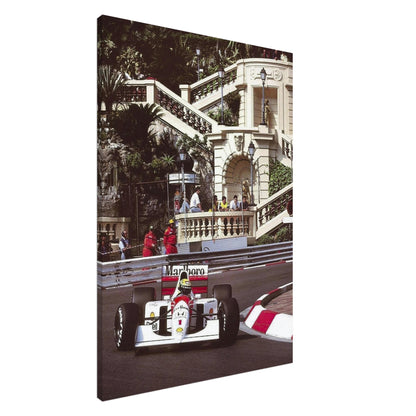 Ayrton Senna racing in his McLaren at Monaco, captured in a vibrant canvas print that showcases motorsport history.