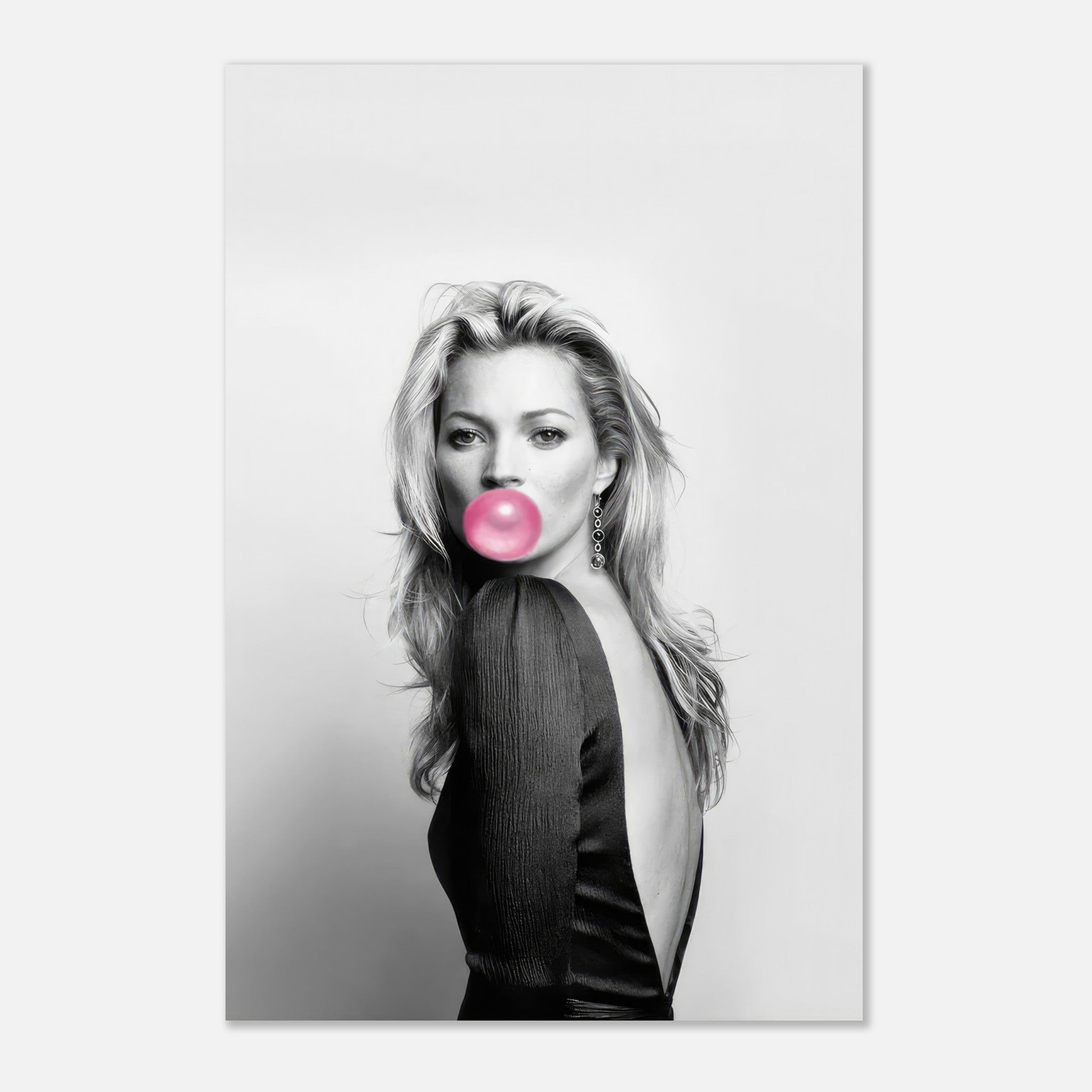 Kate Moss Bubble Gum black-and-white metal print featuring a playful pink bubble, capturing timeless style and contemporary art.