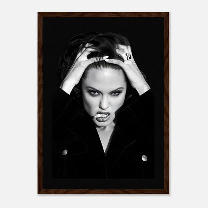 Angelina Jolie smoking framed print, showcasing bold glamour in striking black-and-white photography.