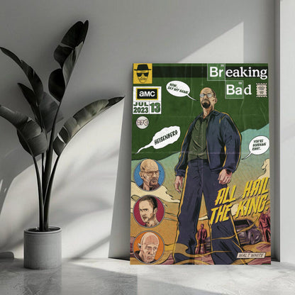 Heisenberg metal print featuring Walter White in comic book style with "Say My Name" quote, inspired by Breaking Bad.