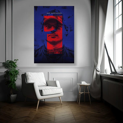 Max Verstappen brushed metal print showcasing vibrant F1 design in a stylish interior setting with modern decor.