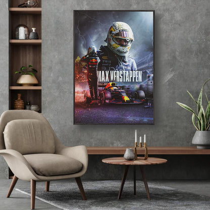 Max Verstappen RedBull Racing fine art print displayed on a wall in a stylish living room setting.