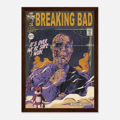 Vintage comic-style framed poster of Gustavo Fring from Breaking Bad, featuring bold colors and retro aesthetic.