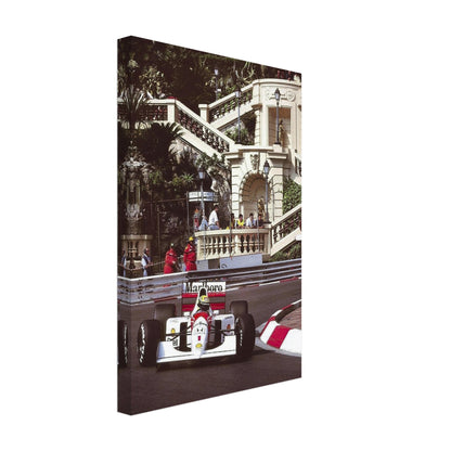 Ayrton Senna racing in Monaco, vibrant canvas print showcasing McLaren and iconic track scenery.